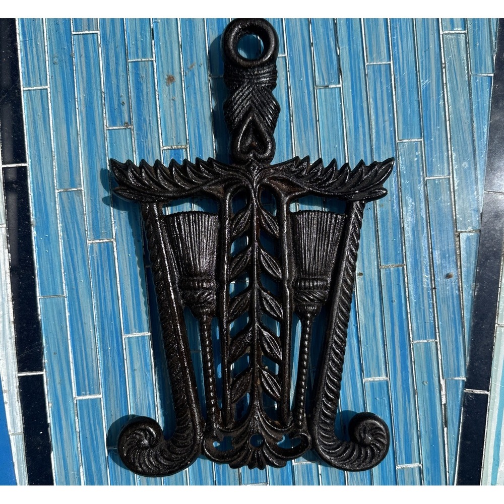 Vintage Black Cast Iron Kitchen Trivet JZH GRAIN & BROOM Farmhouse 1951
